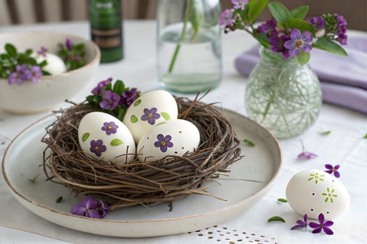 A beautifully decorated Easter table featuring hand-painted white eggs with violet flowers and leaves, placed in a bird's nest with matching floral elements and a delicate vase.