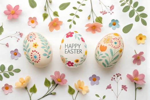 A beautiful arrangement of three decorated Easter eggs with vibrant floral designs and a Happy Easter message, surrounded by pastel-colored flowers on a white background.