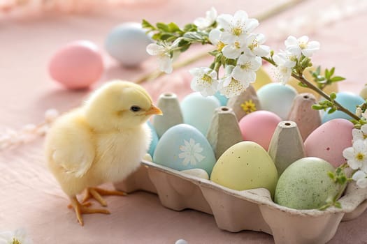 A soft Easter scene featuring a small yellow chick beside pastel-colored eggs, surrounded by delicate white flowers, evoking the joy and renewal of spring.