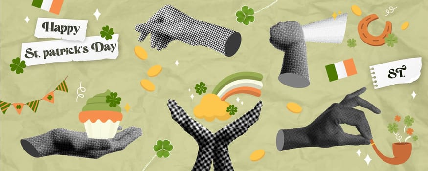 A vibrant showcasing hands celebrating St. Patrick's Day, featuring cupcakes, clovers, and festive decorations, perfect for holiday-themed designs.