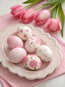 A close-up shot of pink and white Easter eggs decorated with floral patterns on a plate, with pink tulips in the background, perfect for spring or Easter celebrations.