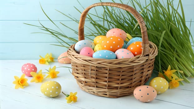 A beautiful Easter scene featuring a basket filled with vibrant pastel Easter eggs, accented by fresh yellow daffodils and green grass, perfect for spring celebrations.