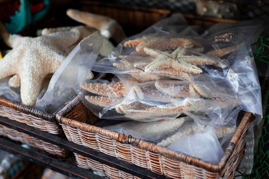 Dried starfish displayed in baskets at a market stall.