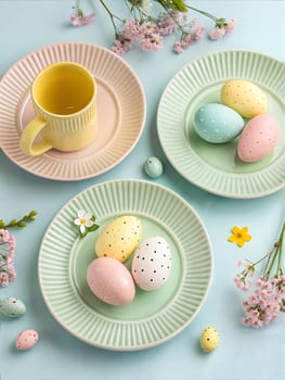 A serene Easter-themed arrangement featuring pastel-colored tableware, decorated Easter eggs, and delicate spring flowers, perfect for a festive and stylish spring celebration.