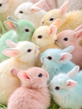 A close-up of a group of adorable pastel-colored baby bunnies in pink, green, yellow, and blue. Perfect for Easter or spring-themed designs and decorations. Easter concept.