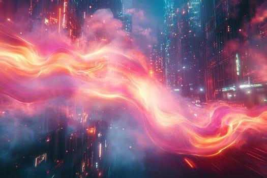 Colorful neon futuristic smoke over the night city. Cyberpunk illustration.