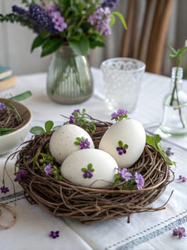 A beautifully decorated Easter table featuring hand-painted white eggs with violet flowers and leaves, placed in a bird's nest with matching floral elements and a delicate vase.