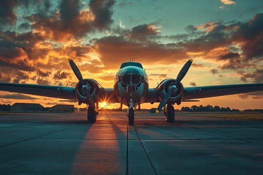 Dawn over the airport. The plane stands on the tarmac at the airport at dawn.