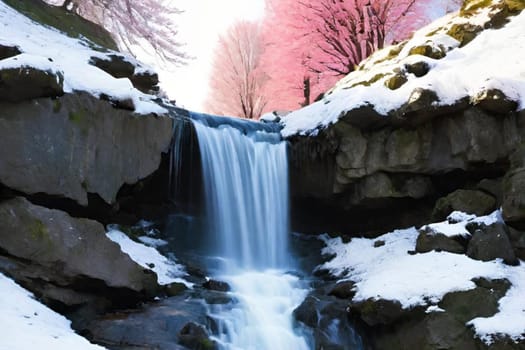 waterfall water forest nature green stones pink landscape background trees pink white snow spring travel generated ai alt illustration blue . High quality 3d illustration