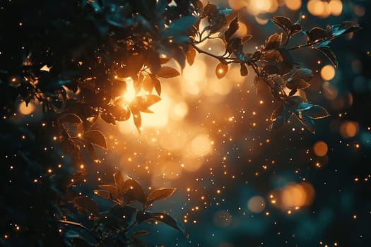 The sun rays create a beautiful, blurred golden bokeh effect that gives the scene a dreamy look. A lush green forest with bright sun shining through the trees.