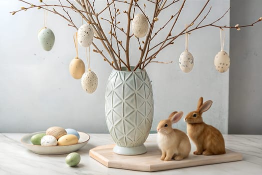 A serene pastel-themed Easter centerpiece featuring hanging eggs, a decorative bunny, and a minimalist vase with delicate twigs. Perfect for spring holiday decor.
