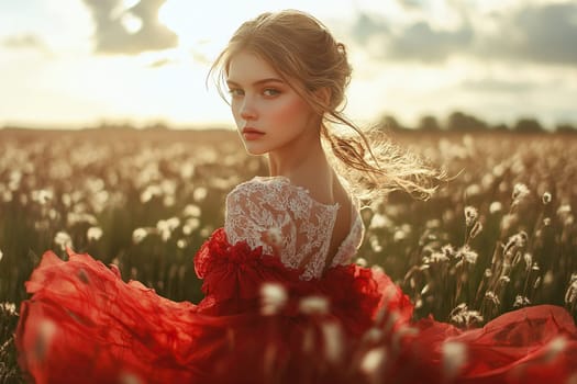Portrait of a young girl in a red fluffy dress in a wild field at sunset. Soft sunlight.