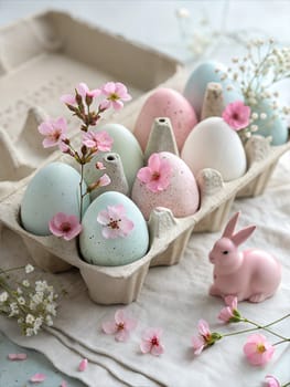 A pastel Easter arrangement with painted eggs in a carton, adorned with spring flowers and a pink bunny figurine. A soft and charming springtime setup for the holiday season