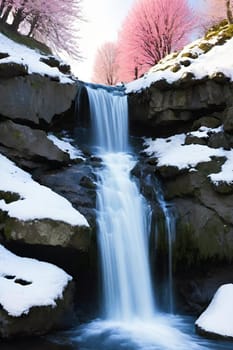 waterfall water forest nature green stones pink landscape background trees pink white snow spring travel generated ai alt illustration blue . High quality 3d illustration
