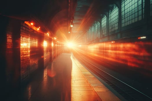 The old metro station is illuminated by bright rays, a blurred overexposed effect.