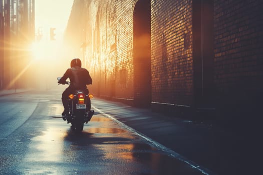 A man on a motorcycle moves along an empty city street, illuminated by warm sunlight.