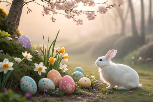 A serene Easter scene featuring a white bunny, beautifully painted eggs, spring flowers like daffodils, and a soft, warm spring atmosphere in a forest setting.
