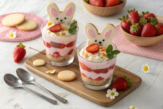 Delicious layered strawberry desserts served in clear glasses with bunny-shaped cookies and whipped cream, garnished with fresh mint and strawberries. Perfect for Easter treats.