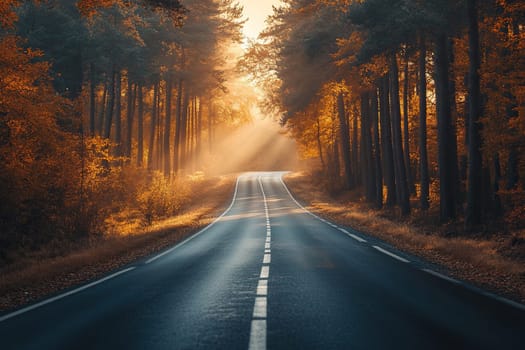 Silhouette of retro car on empty beautiful road surrounded by trees at golden hour.