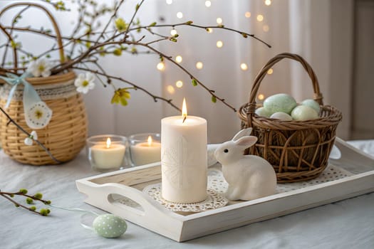A charming Easter-themed setup with a bunny figurine, a lit candle, colorful eggs, and fresh spring branches. A perfect example of festive decoration for Easter.