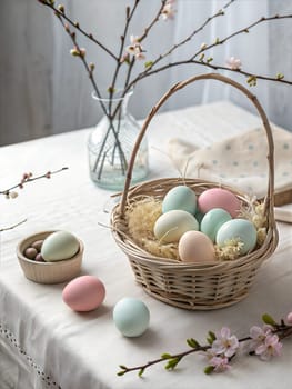 A peaceful spring scene featuring pastel-colored Easter eggs in a basket, surrounded by delicate blossoms, perfect for Easter celebrations and spring decor.
