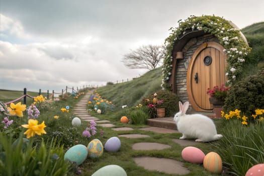 A serene Easter scene featuring a white bunny, beautifully painted eggs, spring flowers like daffodils, and a soft, warm spring atmosphere in a forest setting.