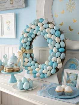 A beautiful Easter wreath made from blue-painted eggs with a springtime theme. The image features a cozy blue color scheme with decorative eggs, a ceramic pitcher, and a basket of eggs, perfect for Easter decoration.