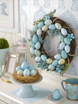 A beautiful Easter wreath made from blue-painted eggs with a springtime theme. The image features a cozy blue color scheme with decorative eggs, a ceramic pitcher, and a basket of eggs, perfect for Easter decoration.