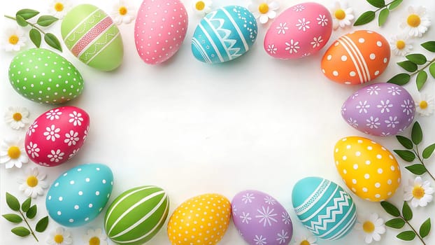 A vibrant collection of hand-painted Easter eggs with colorful patterns, dotted designs, and delicate flower accents, surrounded by fresh daisies and leaves, perfect for spring celebrations