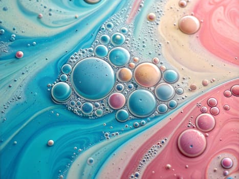 Close-up of colorful liquid swirling with bubbles in shades of blue, pink, and purple, creating a mesmerizing abstract painting.