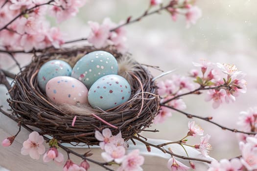 A beautiful nest with four pastel-colored Easter eggs decorated with floral patterns, surrounded by pink cherry blossoms and soft, spring ambiance for Easter celebrations.