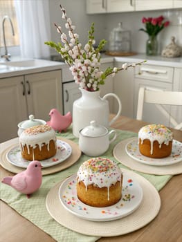 A festive Easter setup featuring delicious cakes with icing and sprinkles, pink bird decorations, and spring flowers in a cozy kitchen setting.