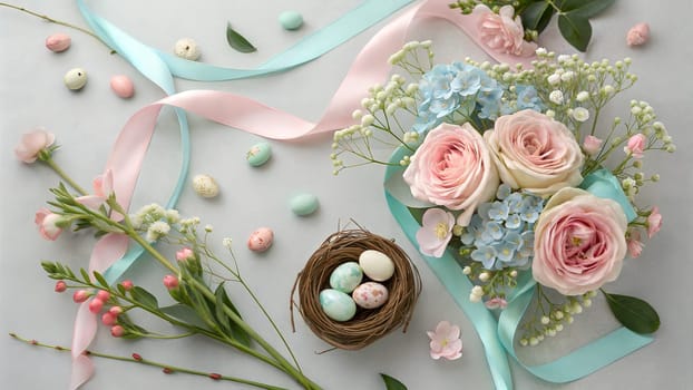 A serene spring-themed flat lay featuring pastel Easter eggs in a nest, delicate flowers like pink roses and blue forget-me-nots, and soft satin ribbons, perfect for seasonal celebrations