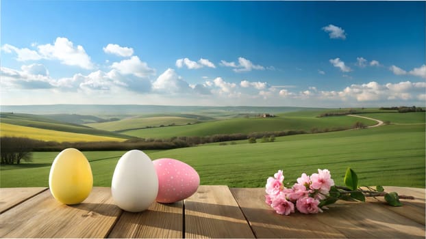 A vibrant Easter scene featuring pastel eggs on a wooden table with a picturesque countryside view, complemented by a pink flower branch, evoking the spirit of spring and Easter.