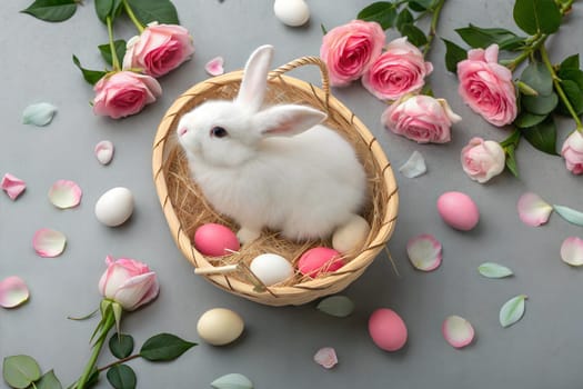 A cute white bunny surrounded by pastel-colored Easter eggs and rose petals, creating a soft and festive Easter atmosphere.