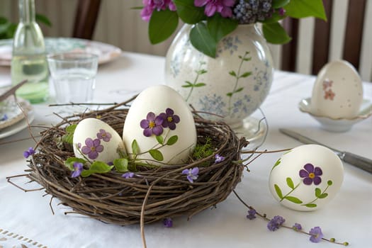 A beautifully decorated Easter table featuring hand-painted white eggs with violet flowers and leaves, placed in a bird's nest with matching floral elements and a delicate vase.