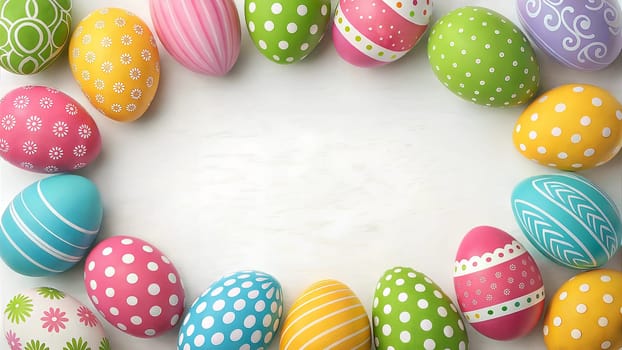 A vibrant collection of hand-painted Easter eggs with colorful patterns, dotted designs, and delicate flower accents, surrounded by fresh daisies and leaves, perfect for spring celebrations