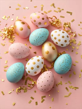 A vibrant flat lay of Easter eggs in pastel shades of pink, blue, and white, decorated with golden dots and surrounded by golden glittery decorations on a soft pink background.