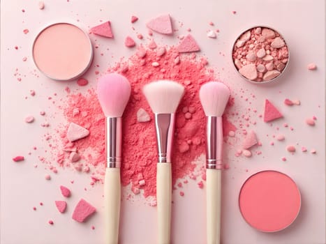 A beautiful flat lay featuring three pink makeup brushes, blush powder, and crushed pink powder on soft pink background, perfect for cosmetics, beauty, and makeup artistry.