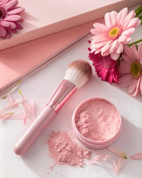 A close-up shot of a pink makeup brush, loose powder, and pink flowers on a soft pink background, perfect for beauty and cosmetics themes.