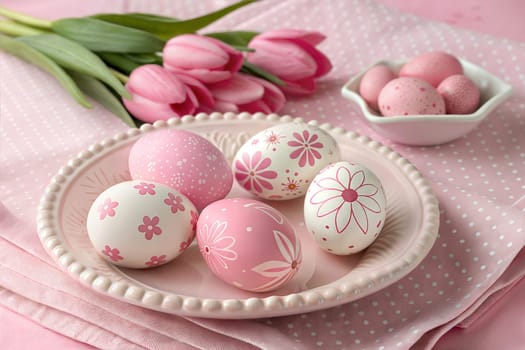 A close-up shot of pink and white Easter eggs decorated with floral patterns on a plate, with pink tulips in the background, perfect for spring or Easter celebrations.