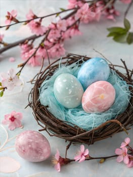 A beautiful nest with four pastel-colored Easter eggs decorated with floral patterns, surrounded by pink cherry blossoms and soft, spring ambiance for Easter celebrations.