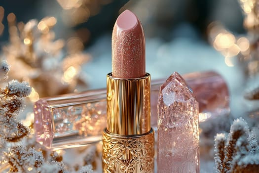 Luxurious pink lipstick with glitter in a gold case on a background of shining amethyst crystals. Decorative cosmetics. AI generated.