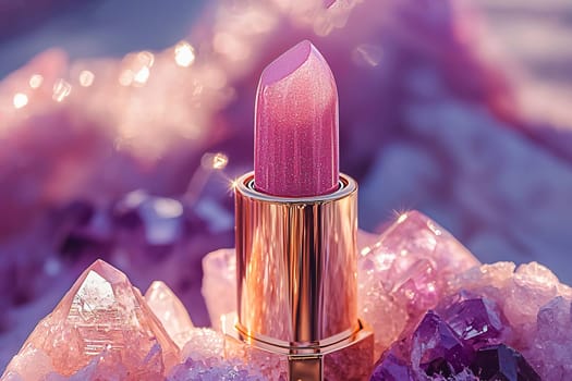 Luxurious pink lipstick with glitter in a gold case on a background of shining amethyst crystals. Decorative cosmetics. AI generated.