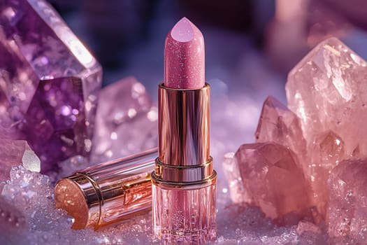 Luxurious pink lipstick with glitter in a gold case on a background of shining amethyst crystals. Decorative cosmetics. AI generated.