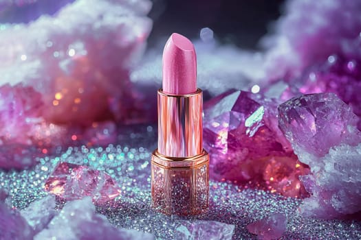 Luxurious pink lipstick with glitter in a gold case on a background of shining amethyst crystals. Decorative cosmetics. AI generated.