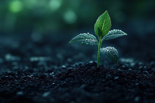 A young plant in drops of water growing from the soil.