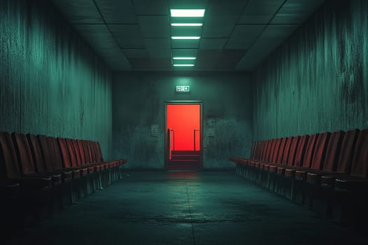 A dark, gloomy corridor leads to a red door. Empty chairs along the wall.