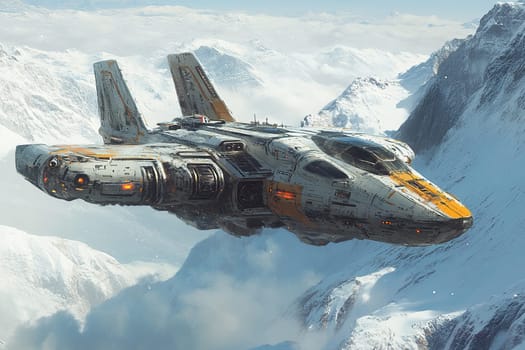 Aged spaceship flies over snowy mountains. Retro futuristic landscape.