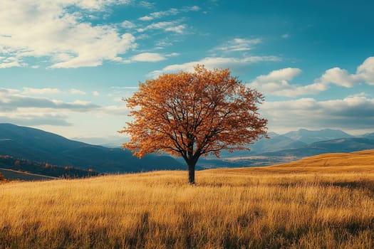 A lush, spreading tree in the middle of a field of dry grass against the backdrop of mountains.